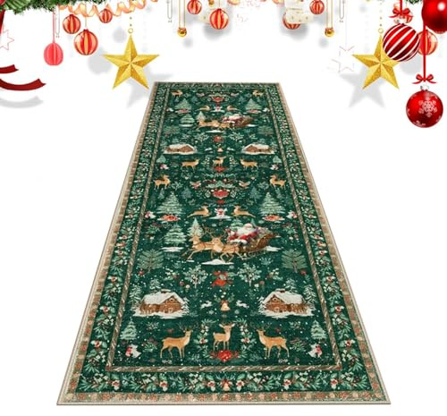 YRTUOP Weihnachtsteppich Läufer, rutschfest Schneemännern Baum Weihnachtsmann Matte 200x60cm Weihnachtsläufer Bodenteppich Weihnachtsdeko Für Wohnzimmer Schlafzimmer Küche Kinderzimmer