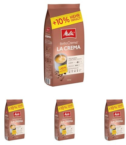 Melitta BellaCrema La Crema Café en grain 1,1kg, non moulu, café en grain pour machines à café, torréfaction moyenne, torréfié en Allemagne, intensité 3 (Lot de 4)
