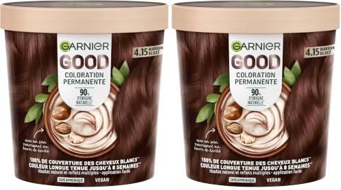 Garnier - Colorazione permanente - Senza ammoniaca - 90% di ingredienti di origine naturale - Burro di karité - 100% copertura per capelli bianchi - GOOD castano ghiacciato 4.15 (Confezione da 2)