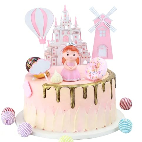 Tourima Prinzessin Tortendeko Geburtstag Mädchen, Rosa Schloss & Gummi Prinzessin Cake Topper Set, Happy Birthday Kuchendeko für Geburtstagskuchen, Cupcake & Partydekorationen Birthday Cake Decoration
