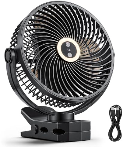 VEVOR Ventilador Portátil con Clip con Luz LED 2 Niveles, Batería 37 Wh, 4 Velocidades 3 Fijas y 1 Modo de Circulación, Control Táctil, Ventilador con Pinza USB-C para Viaje Camping Escritorio Oficina