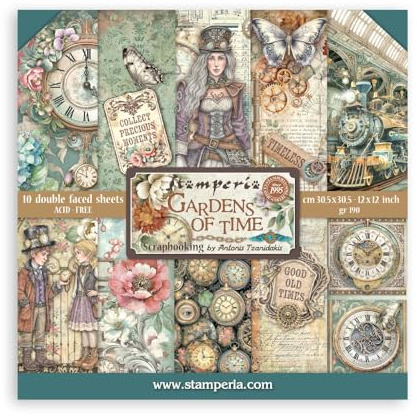 Stamperia - Scrapbook Paper Pad for Scrapbooks, Albums, Cards, Bullet Journals and More, Acid Free, Double-Sided, Perfect for Hobbies, Crafts, and Gifting (Gardens of Time) (30.5 x 30.5cm)