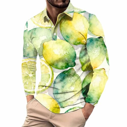 HUYTBYG Polo da uomo con stampa al limone, polo da uomo a maniche lunghe con bottoni a 1/4, con colletto con bottoni, camicia con motivo a frutta, top per attività all'aperto, top da golf leggero, top