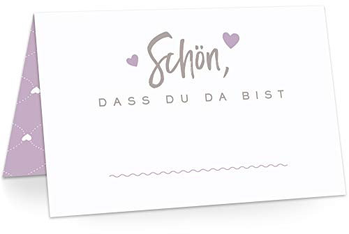 KAWAI-KAMI Tischkarten Platzkarten Namenskarten für Hochzeit Geburtstag Feier Taufe Kommunion Konfirmation Firmung Jugendweihe, 50 Stück Premium Qualität, Herzchen-Dekor, Sweet Lavender (Lila)