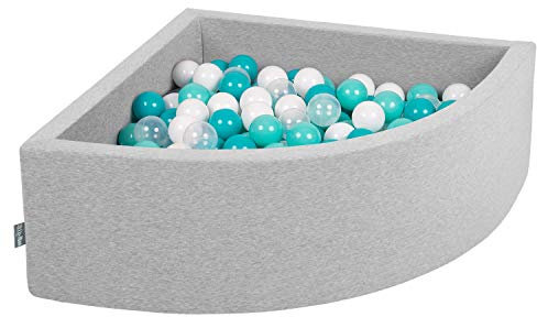 KiddyMoon 90X30cm/300 Bolas Piscina De Bolas ∅ 7Cm para Ninos Cuarto Angular Hecha En La UE, Grisclr:Turquesa Claro/Blanco/Transparent/Turquesa