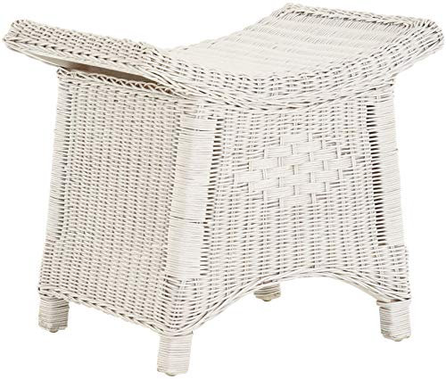 Korb-Outlet Fußhocker mit geschwungener Ablage, Stabiler Sitzhocker/Schemel/Hocker aus echtem Rattan (Weiss)