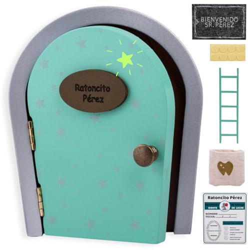 HOMYKIDS® Puerta Ratoncito Perez de madera que abre y cierra - Brilla en la oscuridad - Puerta Raton Perez Mágica + Certificados + Felpudo + Escaleras + Saco (Azul)