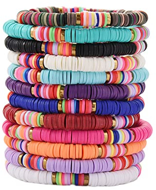 HYHONEY Heishi Surfararmband, set med 12 delar, staplingsbara lera elastiska lager bohemiska sommarstrandarmband i en storlek, polymer lera hematit armband, One Size, polymerlera, hematit