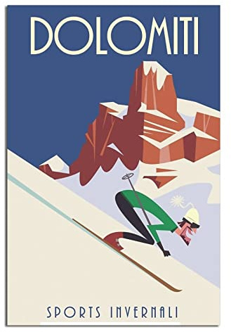 NMNM Poster auf Leinwand, Motiv: Dolomiten, Italien, Ski, Vintage, Reise, Wanddekoration, Poster, Bild, Druck, Malerei, Poster, Geschenk, 30 x 45 cm