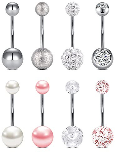 Incaton 14mm Bauchnabelpiercing 14G Nabelpiercing Ring Banane Piercing mit Kristall Kugeln Piercing Schmuck Set aus Chirurgenstahl 8stk