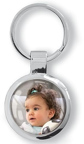ibera gifts - Schlüsselanhänger personalisiert in runder Form mit Foto, 9,5 x 3,5 cm, Schlüsselanhänger mit Bild aus Metall, ideales Fotogeschenk in Geschenkbeutel