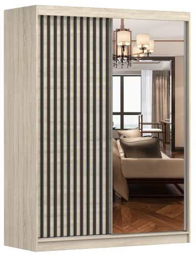 Fabryka Mebli Idźczak Kleiderschrank mit Spiegel, Lamellen, Schiebetüren - Schwebetürenschrank, Schlafzimmerschrank - 61 x 150 x 200 cm - Schrank für Schlafzimmer, Garderobe - Sonoma, modern