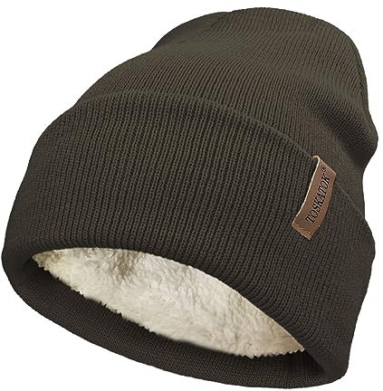 TOSKATOK Bonnet d'hiver unisexe classique en tricot doux et chaud avec doublure en polaire thermique douce, vert olive, taille unique