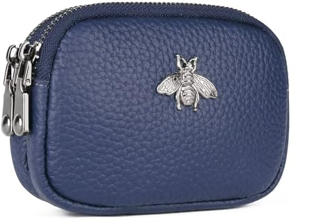 MAVHVAM Ladies Genuine Leather Small Purse for Women Mini Coin Wallets Pouch Campact Credit Card Holder with Double Zip (Blue)