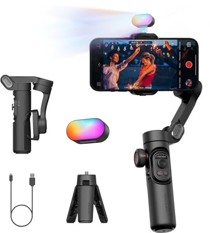 AOCHUAN 3-Achsen Gimbal Stabilisator für Smartphone mit RGB Magnetisches Fülllicht Upgraded Face Tracking Focus Wheel Faltbarer Phone Gimbal für iPhone/Androidn Stabilisator Vlog Aufnahme Smart XE Kit