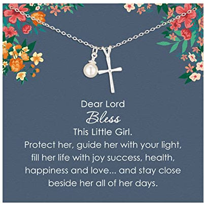 AnalysisyLove Sterling Silver Cross Necklace for Girls, First Communion, Baptism, Christening Gifts for Girl, Little Girls Jewellery with Pearl, Easter Confirmation Gifts for Godchild