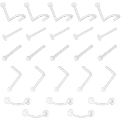 MEMOFYND 20 Stück transparente Nasenstecker, 5 Stück Augenbrauenstecker, unsichtbare Nasenstecker, durchbohrte Nasenringe, L-förmige Acrylringe, klare Nasenreifen, Piercingschmuck