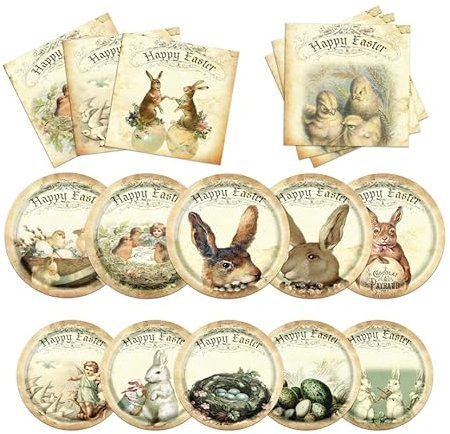 Dydamud Vintage-Ostergeschirr, Osterhasen-Party-Dekoration, religiöse Osterei-Themen, Teller und Servietten, Frohe Ostern, Girlande für Frühlingspicknick, Hasen-Party, Osterfeiertag, Partyzubehör