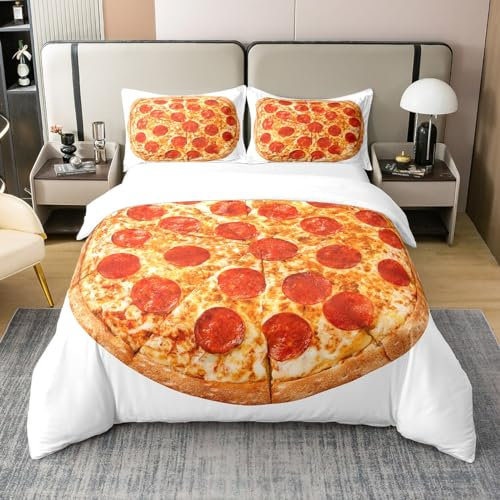 Homewish Pizza 200x200 100% Bio-Baumwolle Bettbezug Realistische Lustige Lebensmittel Bettwäsche Set für Kinder Peperoni Wurst Tröster Abdeckung Neuheit Geschenke Pizza Bettbezug