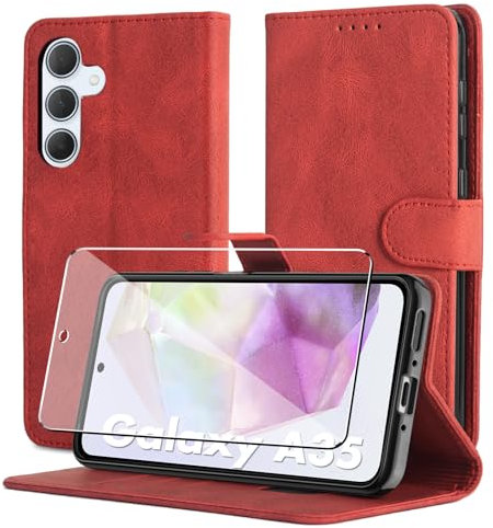 Byvuwiay Cover per Samsung Galaxy A35 5G, Slot per Schede, Chiusura Magnetica, Premium PU Pelle Portafoglio Custodia per Samsung Galaxy A35 5G, Rosso