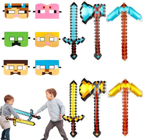 Powmag 12PCS Decoration Anniversaire Mine-craft, Cadeau Anniversaire Enfants, 6 masques, 6 Accessoires Gonflables, Anniversaire Miner pour Garçons Filles Fournitures Fêtes à Thème