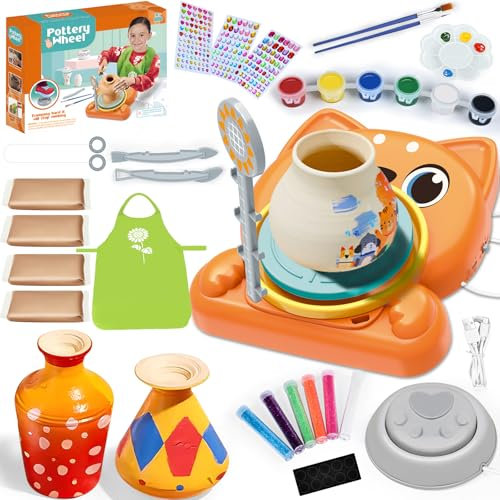 JONRRYIN Kit Ceramica per Bambini, Ruota in Ceramica Elettrica per Bambini, Kit Ceramica Fai da Te con Argilla per Ceramica, Colori, Grembiuli, Regali per Bambini dai 6 Anni (Cani)