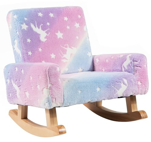 COSTWAY Silla Mecedora para Niños, Sillón Infantil Tapizado en Franela con Patas de Madera de Álamo,Brilla en la Oscuridad, Respaldo y Reposabrazos Cómodos, Sillón Balancín para Niños para Dormitorio