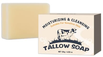 120g Jabón de sebo de vaca, Con malla de burbujas,Jabón de sebo natural de la cría de pastos, Jabón de bálsamo de sebo hecho a mano, Cuidado facial exfoliante de limpieza profunda de la cara 1