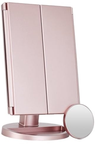 display4top Makeup Mirror with 21 LED Lights, 1x/2x/3x/10x Magnification Trifold Table Vanity Mirror with Adjustable Touch Screen, 180° Adjustable Rotation, Cosmetic Countertop Mirrors (Rose gold)
