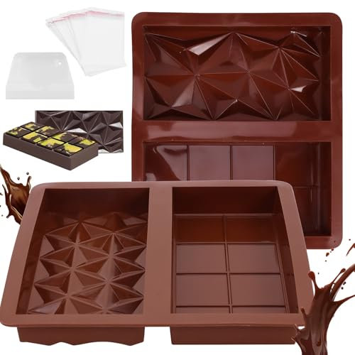Chocolate Bar Moulds - 2 PCS Silicone Deep Chocolate Molds with 100 Bags & Scraper, Big Diamond Pattern Chocolates Mold Dubai, Non-Stick Thick Reusable Moulds for Baking DIY Chocolates Cakes Candy