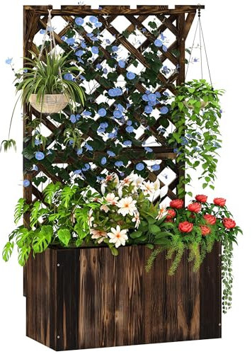 Outsunny Wooden Planter with Trellis, Freestanding Raised Garden Bed with Drainage Holes, Outdoor Planter Box with Liner for Vegetables, Herbs and Flowers, Carbonised