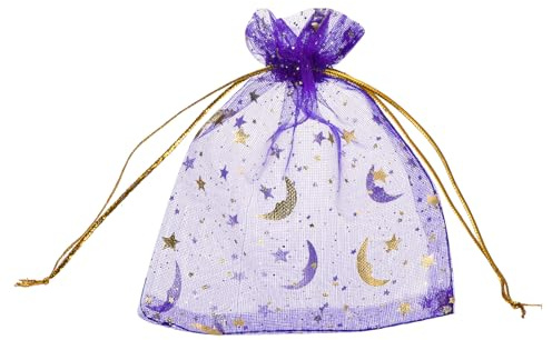 QUARKZMAN 50 Stück Organzasäckchen, 9x12cm Geschenksäckchen Schmuckbeutel Moon-Star-Muster Mesh Säckchen mit Zugband, Organzabeutel für Hochzeit Party Weihnachten Süßigkeiten, Lila-Gold
