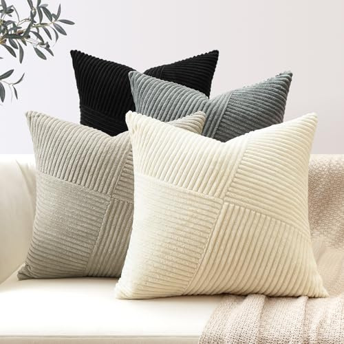 Sungeek 4er Set Cord Kissenbezüge, Windmühle Streifen Kordsamt Kissenbezug Sofakissen Dekokissen Patchwork Design Deko Zierkissenbezüge Kissenhülle für Wohnzimmer (40x40cm, Schwarz Grau)