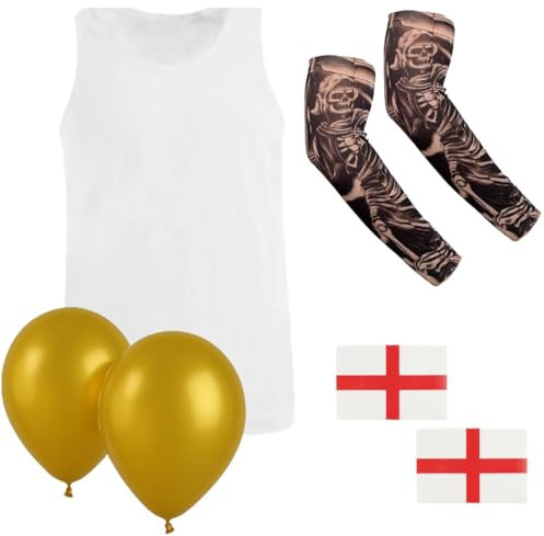Golden Football Legend – Weißes Westen-Oberteil, zwei Tattoo-Ärmel, England-Flagge, temporäre Tattoos und goldene Luftballons, Best Of British Footballer, Sport-Kostüm