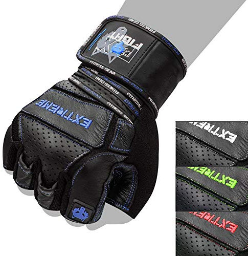 FOX-FIGHT Fitnesshandschuhe Trainingshandschuhe Kraftsport Damen Herren Leder Handschuhe Bodybuilding Sporthandschuhe mit Handgelenkbandage für Krafttraining Gewichtheben Extreme (blau, M)