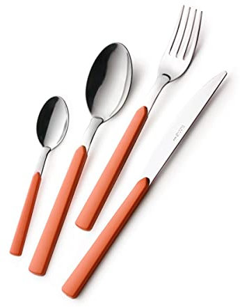 EME POSATERIA MADE IN ITALY - Servizio 24 Posate Tavola Fast 6 Persone Acciaio 18/C Moderne Colorate Giovanili, Colore Manico: Arancio 79