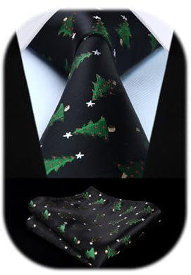 HISDERN Schwarz Weihnachts Krawatte für Herren Grüne Bäume Muster Xmas Party Festlich Krawatten & Einstecktuch Set Mode
