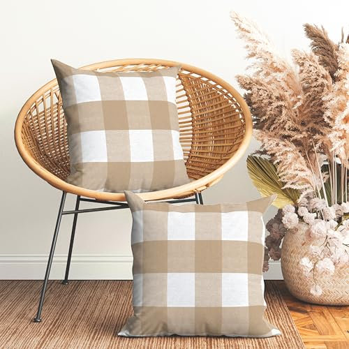 Encasa XO Kissenbezüge 2 Stück (40x40 cm) - Buffalo Beige Checks - Weiche Baumwolle Leinwand Ungefärbt Rechteckige Kissenbezug Bunte Dekorative für Wohnzimmer Schlafzimmer Sofa Waschbar