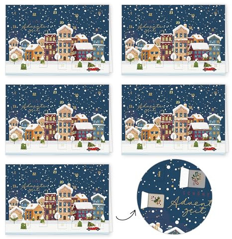 PremiumLine Adventskalenderkarte, 5 Stück inkl. Briefumschlag | Adventskalender Karten mit Türchen | umweltfreundlicher Naturkarton, 11,5 x 17cm | Skorpion Weihnachtskarten