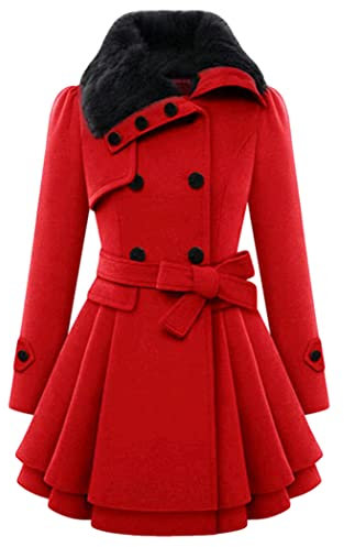 OMZIN Damen Wollmantel Trenchcoat mit Reißverschluss Lange Übergangsmantel Rot XS