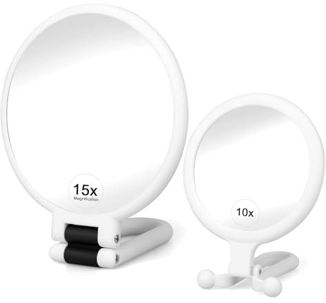 Linkstyle 2 Stück Vergrößerungs Makeup Spiegel, doppelseitige Handspiegel mit 1/10/15X Vergrößerung, Reise Klappspiegel klein für Frauen Männer