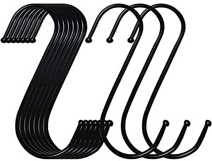 S Hooks S Shape Hanging Hooks Stainless Steel Smoking Hooks Hanging Hooks Ideal Kitchen, Cabinet, Garage and Garden for Hanging Pots and Pans, Plants, Coffee Cups - Pack of 20 (Black)