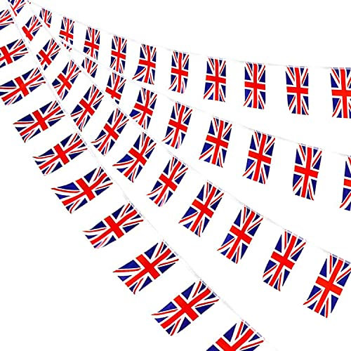 AhfuLife Union Jack Großbritannien Wimpelkette Fahnenkette Flaggenkette, 4 Stück 30 Flaggen Beidseitig UK Wimpel Girlande für 2025 Damen Fußball EM Eurovision WM VE-Day Party Bar Deko