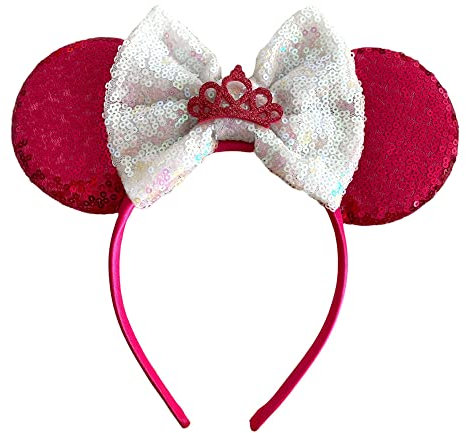 Princess Tiara Hot Pink & White Minnie Mouse Inspired Alice Headband With Big 5 Sequin Top Bow Handmade