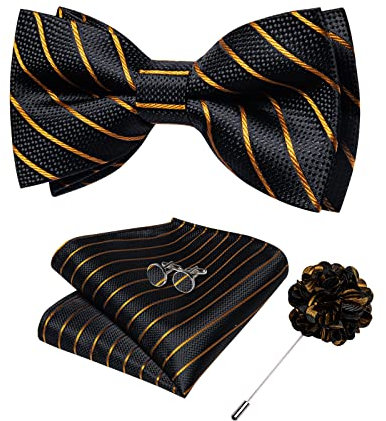 DiBanGu Seide Fliege für Herren mit Einstecktuch, quadratisch, Anstecknadel, Manschettenknöpfe, selbstgebundene Fliege, Schwarz / Gold gestreift, Einheitsgröße