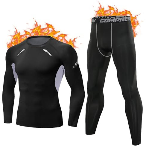 Terecey Thermounterwäsche Herren Winter Thermo Unterwäsche Set Innenfleece Fussball Funktionsunterwäsche Skiunterwäsche Atmungsaktiv Schweißabsorbierend zum Radfahren Laufen Jagen