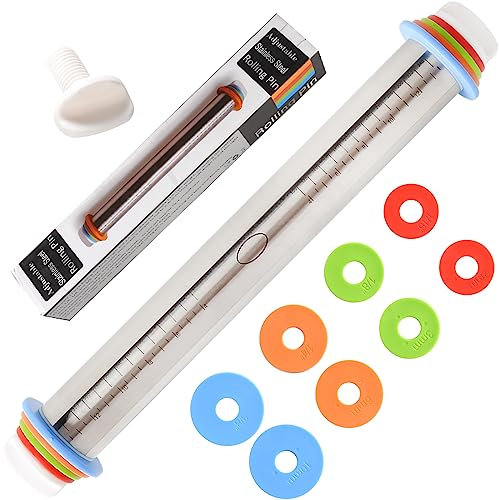 Mattarello regolabile con 4 anelli di spessore, rullo per pasta in acciaio inox, design con manico per pizza con guida alla misurazione per cottura, fondente, pizza, crosta di torta, biscotti
