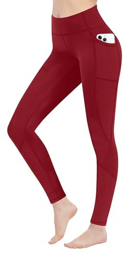 LaiEr Damen Leggings High Waist Yoga Hosen mit Taschen Workout Laufen Leggings Workout Tights(Rot, S)