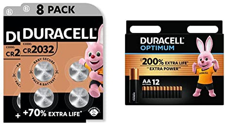 Duracell Batterie Optimum AA(pacco da12)-Alcaline da 1.5V -Fino al 200% di extra durata & Batterie a moneta al litio da 3 V Duracell CR2032 (confezione da 8)