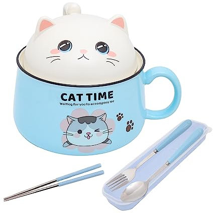 Cat Ramen Bowl with Lid,35.5 Oz Cute Ceramic Soup Bowl Set With chopsticks, spoon and fork，Salad bowls with handles, instant noodle bowls, Japanese ramen pots, cereal bowls，Microwave safe